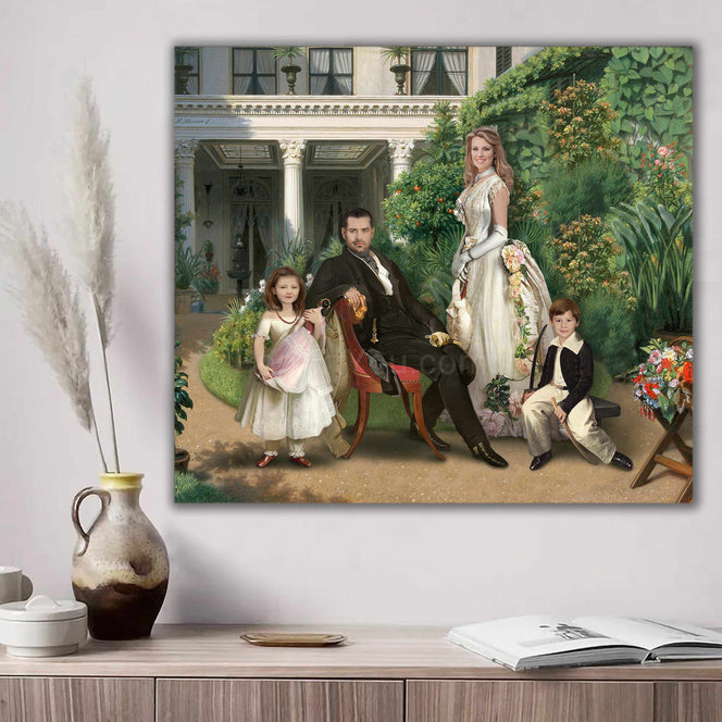 Portrait of a family dressed in historical royal clothes standing near flowers hanging on a white wall above a wooden table