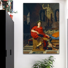 Load image into Gallery viewer, A portrait of a man dressed in red royal robes sitting on a golden throne hangs on a white wall
