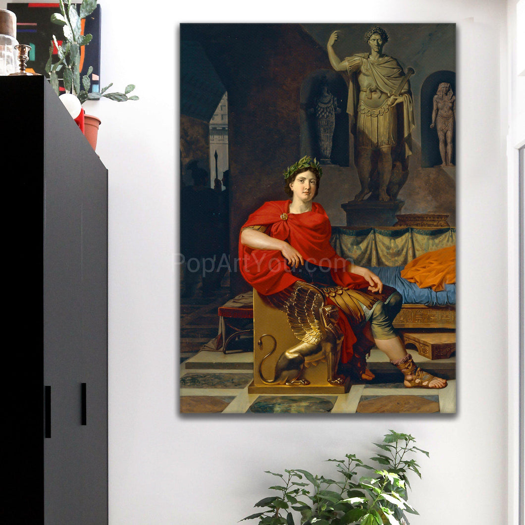 A portrait of a man dressed in red royal robes sitting on a golden throne hangs on a white wall