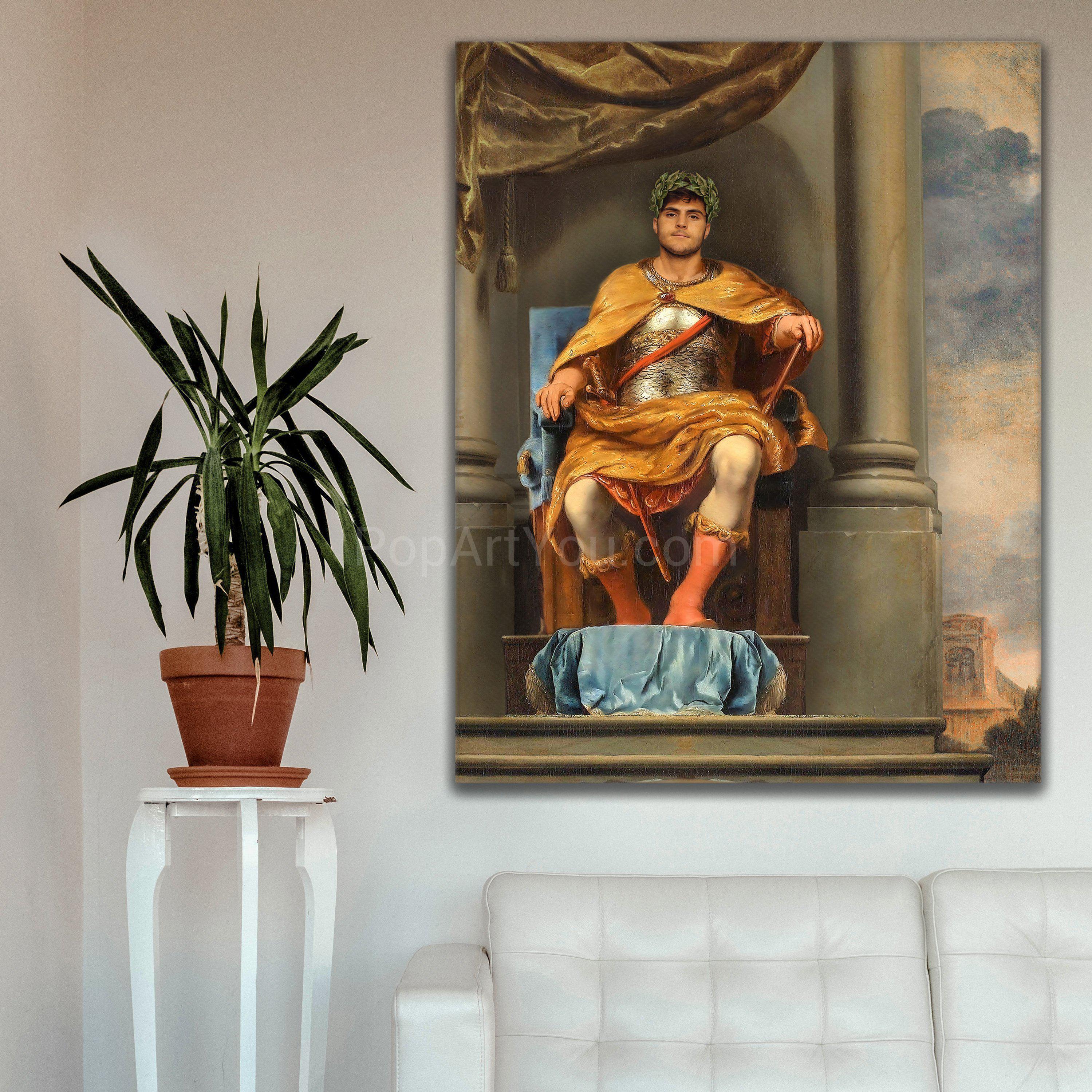 A portrait of a man dressed in gold Greek clothes sitting on a throne hangs on the white wall above the sofa