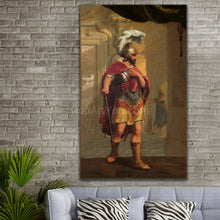 Load image into Gallery viewer, A portrait of a man dressed in gold Greek clothes hangs on the gray brick wall above the sofa
