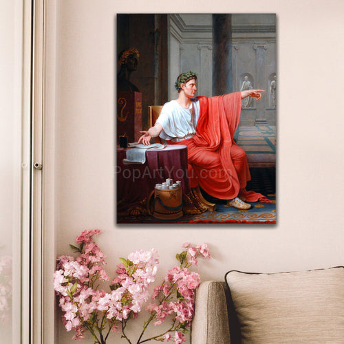 A portrait of a man dressed in red Greek clothes hangs on a white wall above a sofa and pink flowers