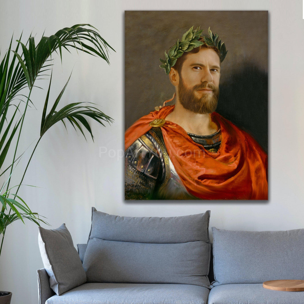 A portrait of a man dressed in a royal costume hangs over the sofa