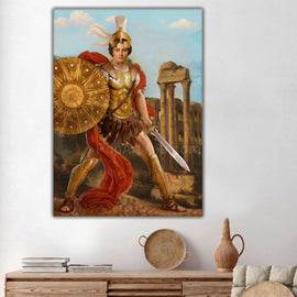 A portrait of a man dressed in gold Greek clothing with armor hangs on a white wall