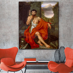 A portrait of a man dressed in red Greek attire hangs on a gray wall next to two red armchairs