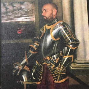 The portrait shows a man dressed in a renaissance regal suit with armor