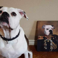 Load image into Gallery viewer, The dog sits next to his portrait on canvas, on which it is depicted in the General attire
