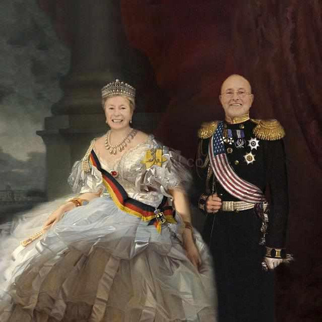 The portrait depicts an elderly couple dressed in white royal clothes with a crown and medals