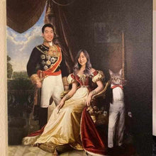 Load image into Gallery viewer, The portrait shows a young couple dressed in red royal attires standing next to a cat with a human body
