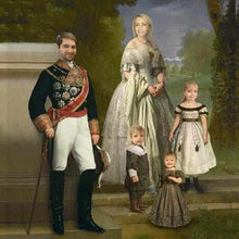 Load image into Gallery viewer, The portrait shows a family walking in the woods dressed in white royal clothes
