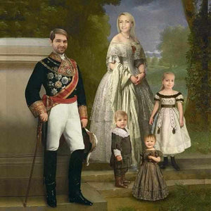 The portrait shows a family walking in the woods dressed in white royal clothes