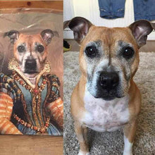 Load image into Gallery viewer, The female dog sits near a portrait of himself with a human body dressed in a golden regal dress with a crown
