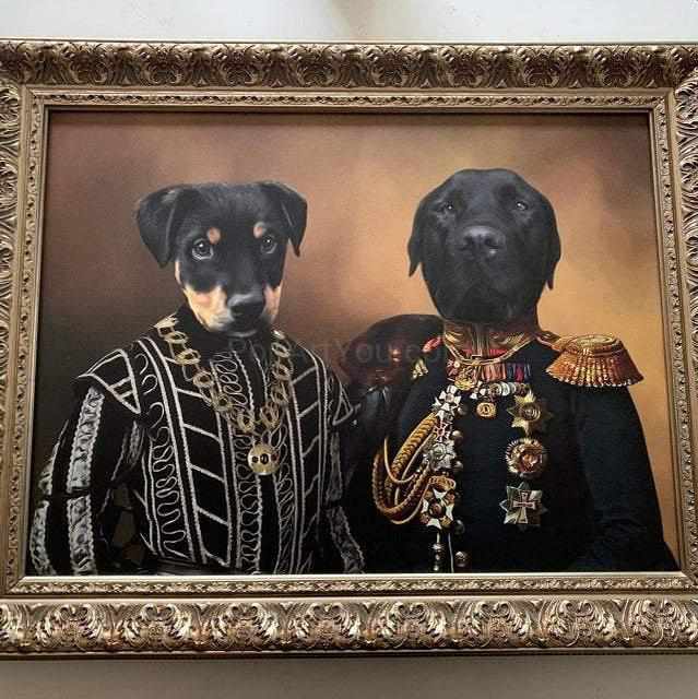 Framed canvas portrait of two pets in historical attires