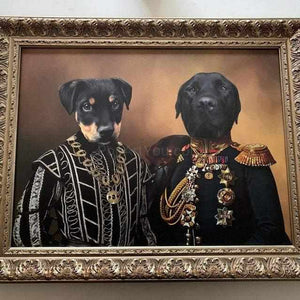 Framed canvas portrait of two pets in historical attires