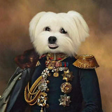 Load image into Gallery viewer, Head of a white dog on a male human body with epaulettes and medals on his suit
