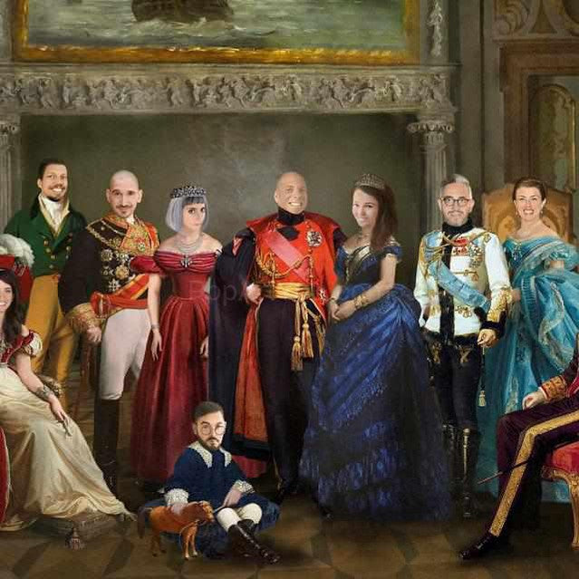 The portrait shows a large family dressed in historical royal clothes standing near a large painting