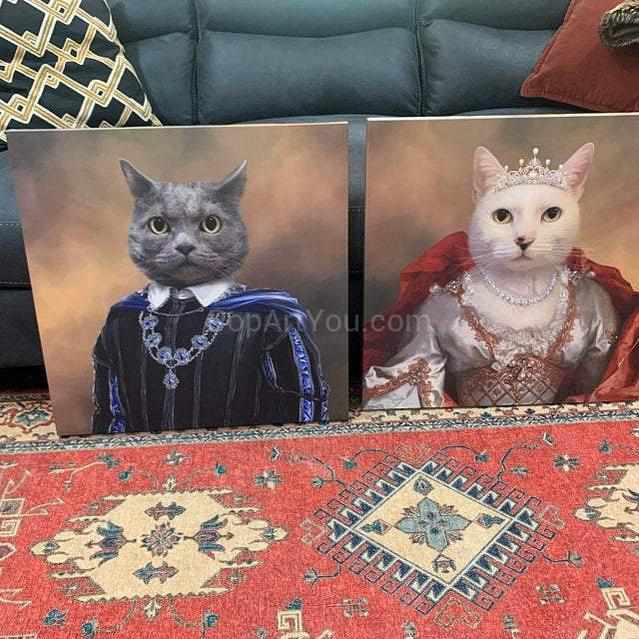 Portraits of two cats with human bodies dressed in historical regal attires stand on a red carpet