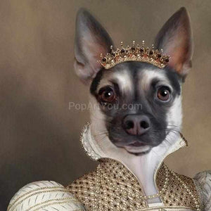 The portrait shows a female dog with a human body dressed in a silver royal dress with a crown