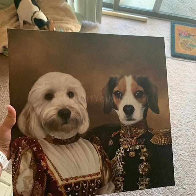 Canvas with a portrait of two dogs, dressed in historical attires