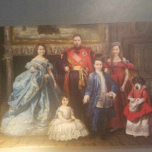 The portrait depicts a royal family with a dog with a human body dressed in historical red attires