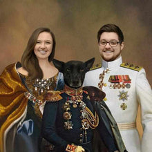 Load image into Gallery viewer, The portrait shows a couple with a dog with a human body dressed in historical royal attires
