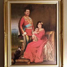 Load image into Gallery viewer, A portrait of a family dressed in red royal clothes is in a gold frame
