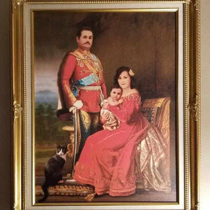 A portrait of a family dressed in red royal clothes is in a gold frame