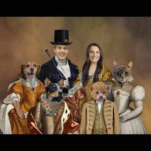 The portrait depicts a man, a woman, two dogs and two cats with human bodies dressed in royal clothes