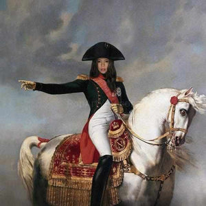 The portrait shows a girl riding a white horse dressed in historical regal attire with a hat