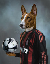 Load image into Gallery viewer, The portrait shows a dog with a human body dressed in black soccer attire with a ball
