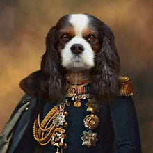 Load image into Gallery viewer, Canvas portrait of a dog in historical attire with epaulets and medals
