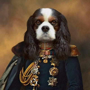 Canvas portrait of a dog in historical attire with epaulets and medals