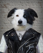 Load image into Gallery viewer, The portrait shows a dog dressed in hooligan clothes standing near a gray brick wall

