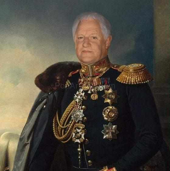 The portrait shows an elderly man dressed in a historical general-diplomat costume