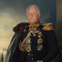 The portrait shows an elderly man dressed in a historical general-diplomat costume