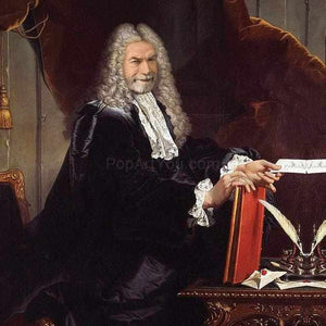 The portrait shows an elderly man dressed in renaissance regal attire holding a red book in his hands
