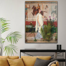 Load image into Gallery viewer, Portrait of a Greek woman dressed in white royal clothes hangs on a white wall near a yellow sofa
