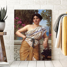 Load image into Gallery viewer, Portrait of a greek woman dressed in royal clothes stands on a wooden floor near a white brick wall
