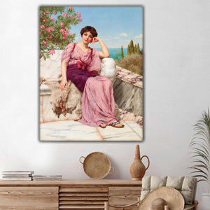Portrait of a greek woman dressed in pink regal attire hangs on a white wall