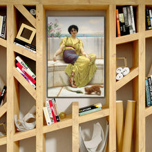 Load image into Gallery viewer, Portrait of a Greek woman dressed in a yellow royal attire stands on a wooden shelf near books
