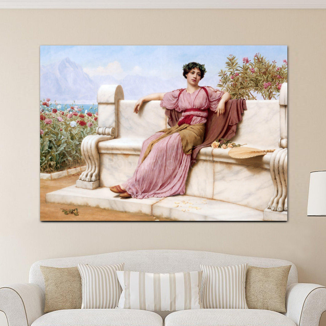 Portrait of a greek woman dressed in a pink royal dress hangs on a beige wall above the sofa