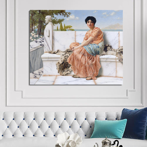 Portrait of a Greek woman dressed in an orange royal dress hangs on the white wall above the sofa
