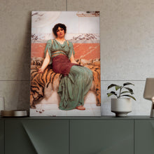 Load image into Gallery viewer, Portrait of a Greek woman dressed in a green royal dress stands on a green table
