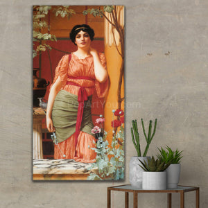 Portrait of a Greek woman dressed in an orange royal dress hangs on a beige wall near cacti