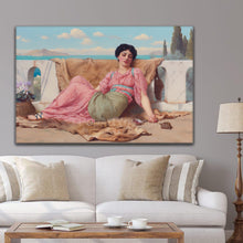 Load image into Gallery viewer, Portrait of a greek woman dressed in a pink royal dress hangs on a gray wall above a sofa
