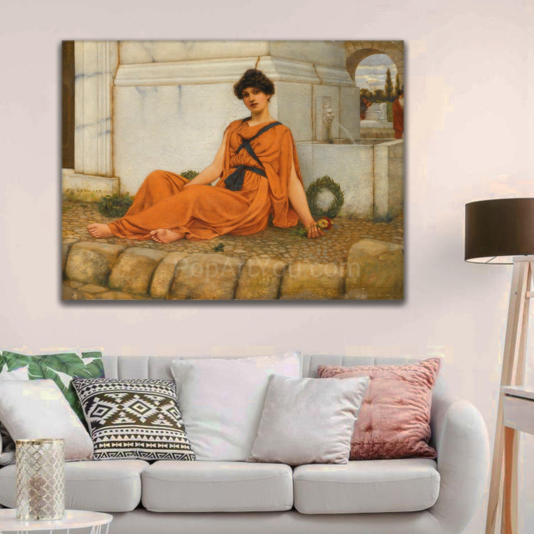 Portrait of a Greek woman dressed in orange regal attire hangs on a white wall above the sofa