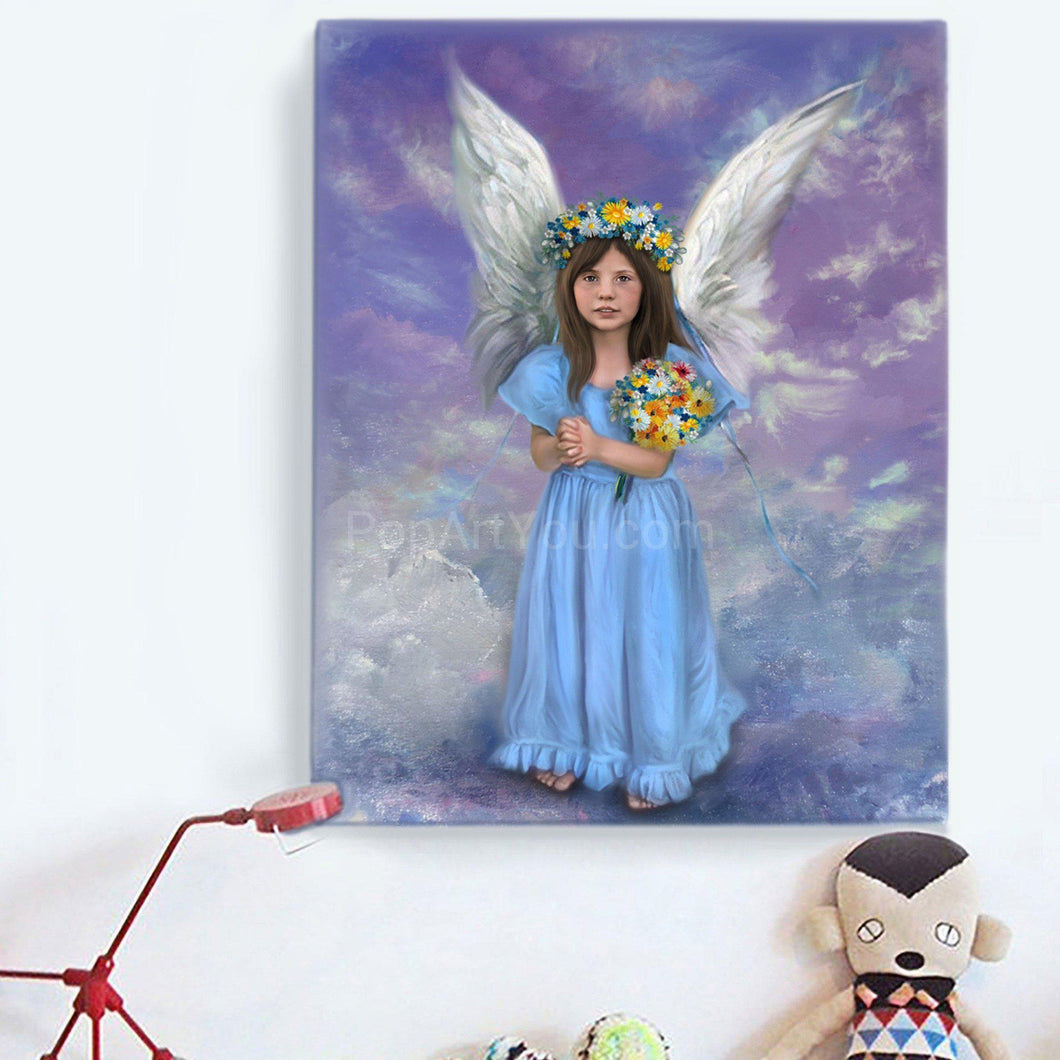 Portrait of a little girl dressed in an angel costume with flowers hanging on a white wall near children's toys