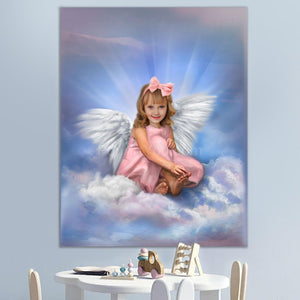 Portrait of a little girl dressed in an angel costume hangs on a blue wall near wooden children's toys