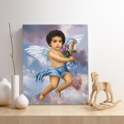 A portrait of a boy dressed in an angel costume stands on a wooden table near three white vases