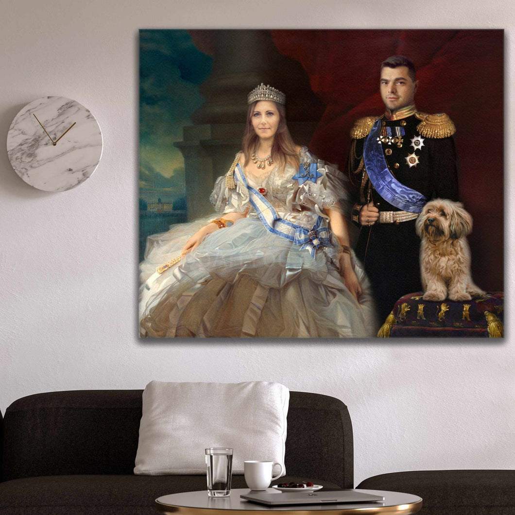 A portrait of a couple dressed in historical royal clothes hangs on a white wall near the clock